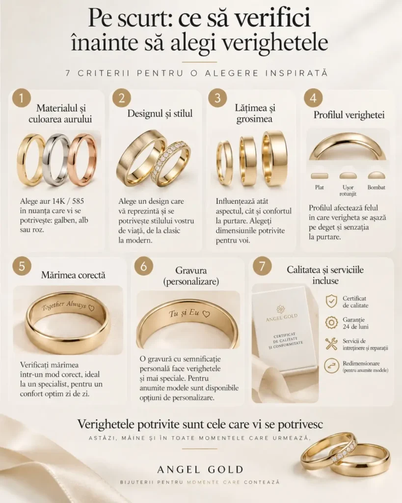 Infografic cu 7 criterii pentru alegerea verighetelor: culoarea aurului, design, lățime, profil, mărime, gravură și servicii.
