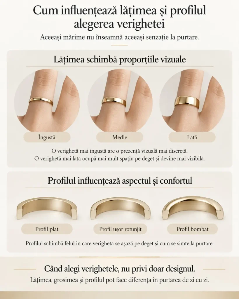 Infografic despre alegerea verighetelor, cu comparație vizuală între verighete înguste, medii și late și între profil plat, ușor rotunjit și bombat.