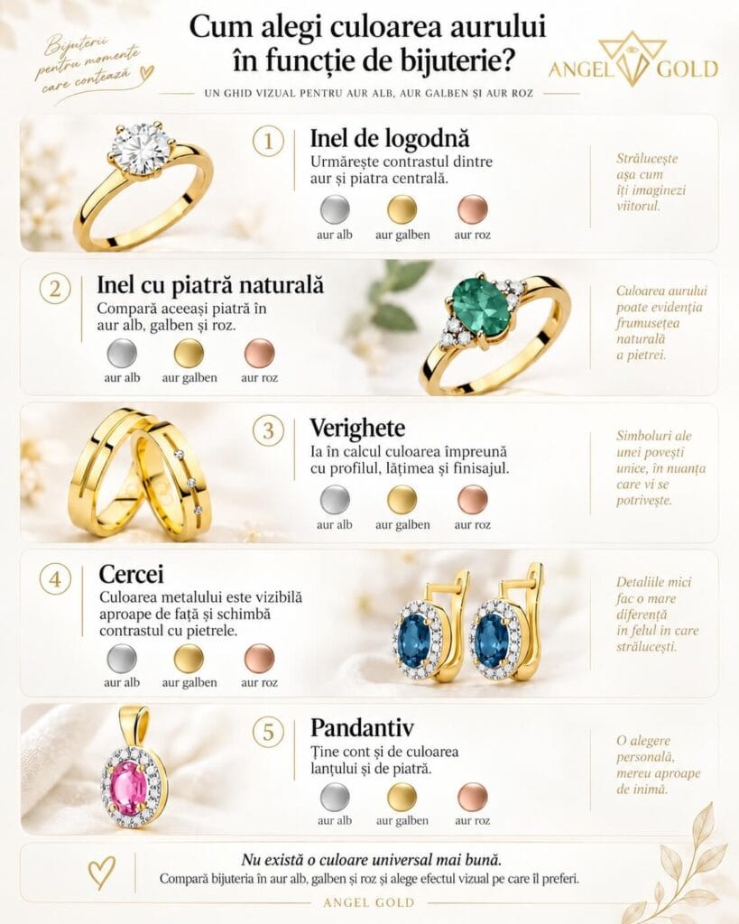 Infografic despre cum alegi culoarea aurului pentru inele de logodnă, verighete, cercei, pandantive și inele cu pietre naturale, în aur alb, galben sau roz – Angel Gold