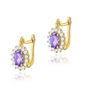 Cercei din aur galben de 14K cu ametist oval central și diamante strălucitoare, model Ambra.