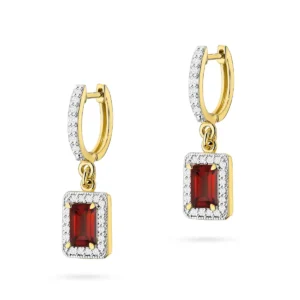 Cercei Marcella din aur galben cu garnet și diamante, vedere din față.