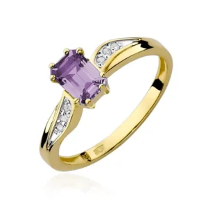 Inel din aur galben 14 K cu ametist violet central și diamante laterale