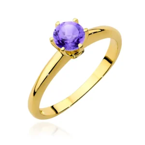 Inel din aur galben de 14 K cu ametist central si diamante laterale.