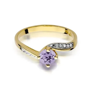 Descoperă piatra zodiei Pești 4 Inel Aur 14K galben cu Ametist și Diamante, vedere laterală.