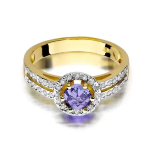Inel din aur galben 14K cu ametist și diamante, vedere frontală.