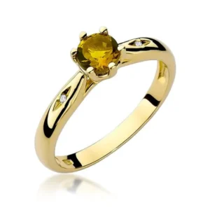 Inel de aur galben 14K cu piatră centrală galbenă citrin și două diamante laterale