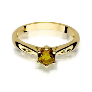 Inel de aur galben 14K cu citrin central și diamante laterale, vedere frontală