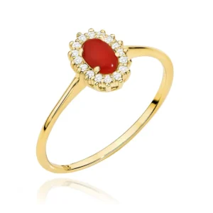 Descoperă piatra zodiei Pești 9 Inel din aur galben de 14k cu coral și diamante din colecția Constellation, vedere laterală.