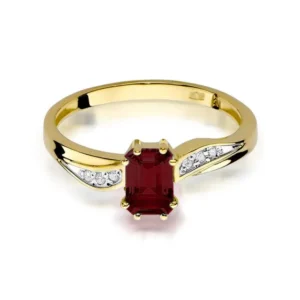 Inel din aur galben 14K cu granat Burgundy și diamante, vedere frontală.