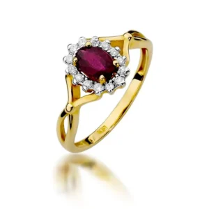 Red Infinity: Inel din aur galben 14K cu rubin și diamante, vedere laterală.