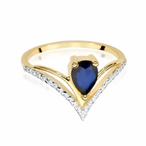 Inel aur galben de 14k cu safir și diamante văzut din față.