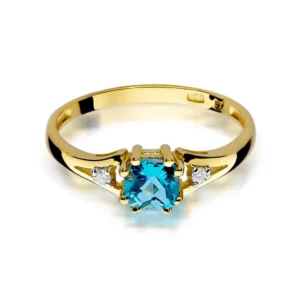 Vedere de sus a inelului Elisabetta din aur galben 14 K cu topaz albastru și diamante.
