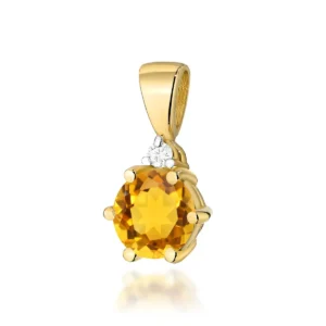 Pandantiv aur galben 14K cu citrin și diamant pe fundal alb