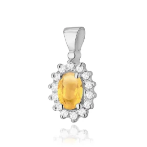 Pandantiv din aur alb 14K cu citrin oval și diamante albe în jur.