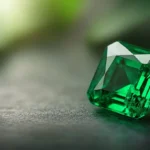 smarald tăiat emerald cut, verde intens, prim-plan pe fundal neutru, inel defocalizat în fundal
