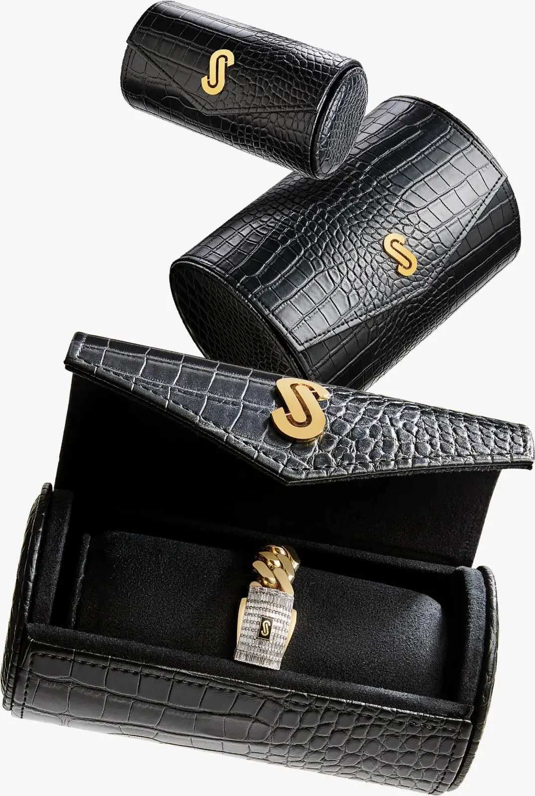 Cutie elegantă din piele neagră cu textură de crocodil pentru păstrarea bijuteriilor Monaco Chain