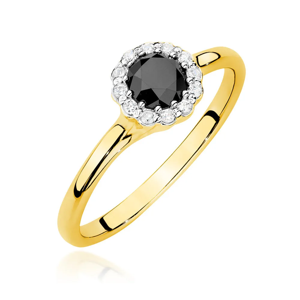 Inel de aur 14K cu diamant negru și diamante albe, vedere frontală