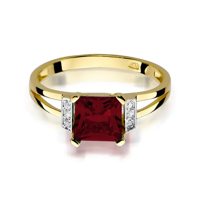 Inel din aur galben 14K cu garnet și diamante, vedere frontală