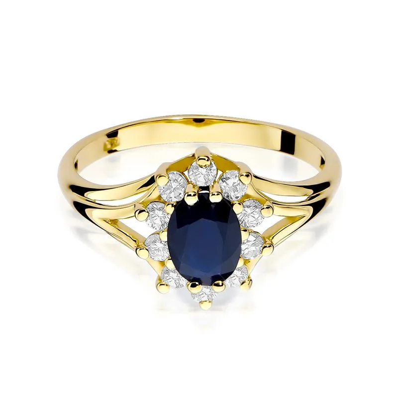 Inel din aur galben de 14K cu safir și diamante, vedere frontală