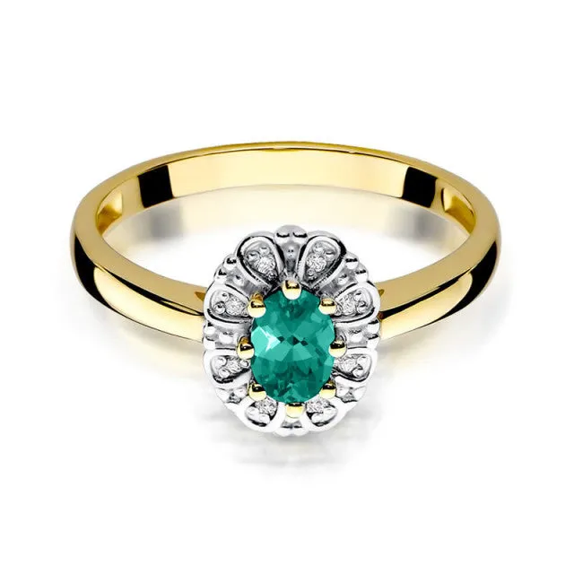 Vedere frontală a inelului de aur galben 14k Evelyn cu smarald și diamante.