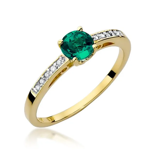 Inel de aur 14K cu smarald și diamante laterale, vedere din dreapta.