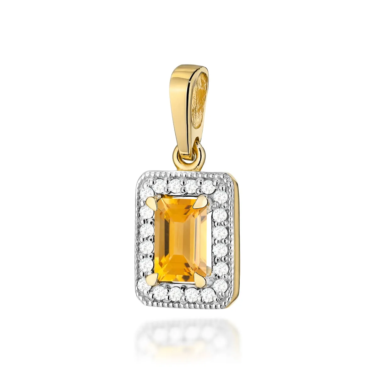Pandantiv din aur galben 14K cu citrin central și diamante laterale, vedere din față.