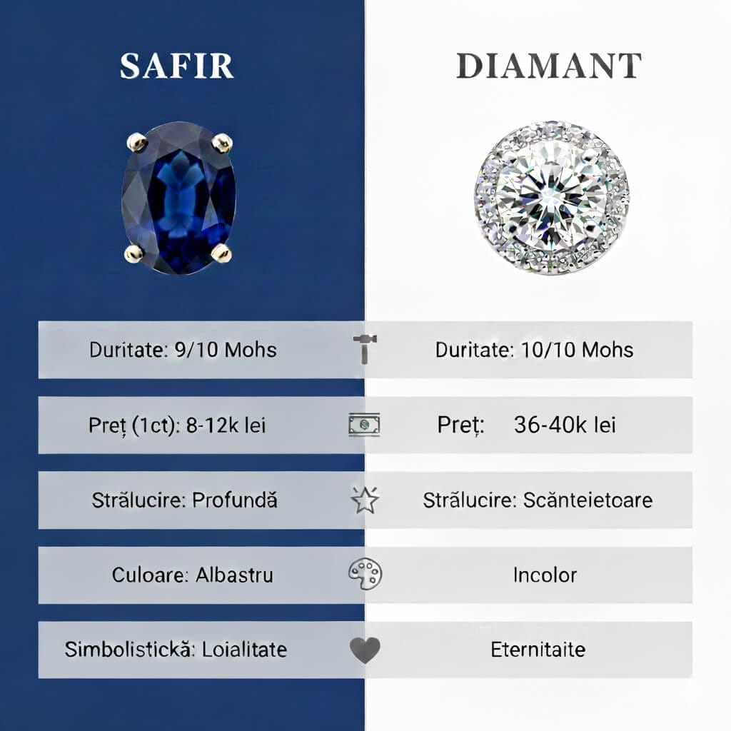 Safir vs. diamant: ce alegi pentru un inel de logodnă? 2 Tabel comparativ safir vs diamant pentru inele de logodnă - duritate, preț, strălucire, simbolistică