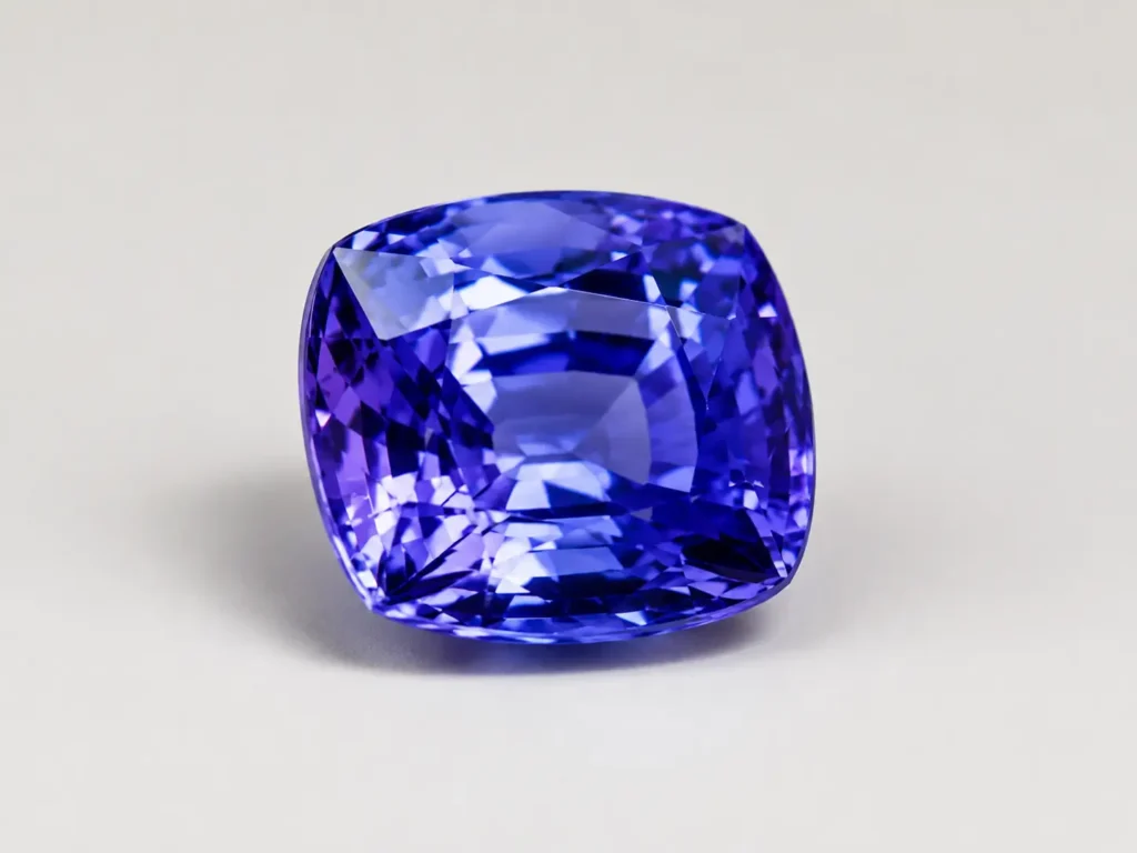 Piatră de tanzanit fațetată, în nuanțe albastru-violet, pe fundal neutru