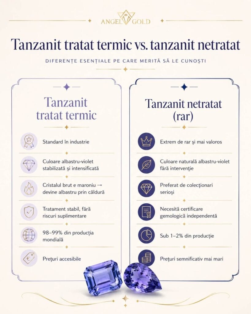 Infografic comparativ între tanzanit tratat termic și tanzanit netratat, cu diferențe privind culoarea, raritatea, certificarea și prețul