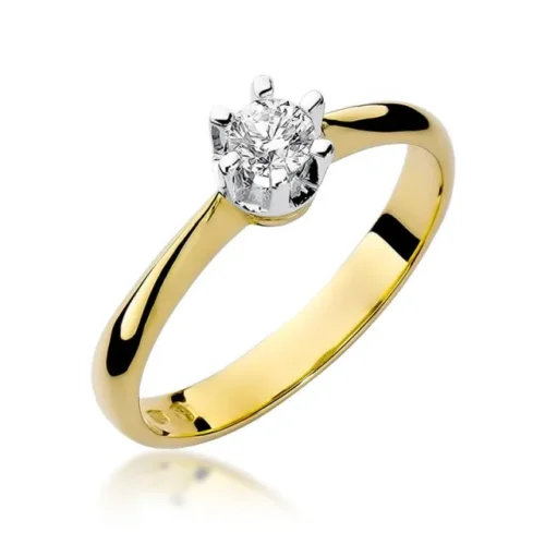 Inel din aur galben Camille, fotografiat frontal, cu diamant rotund montat în gheare din aur alb.