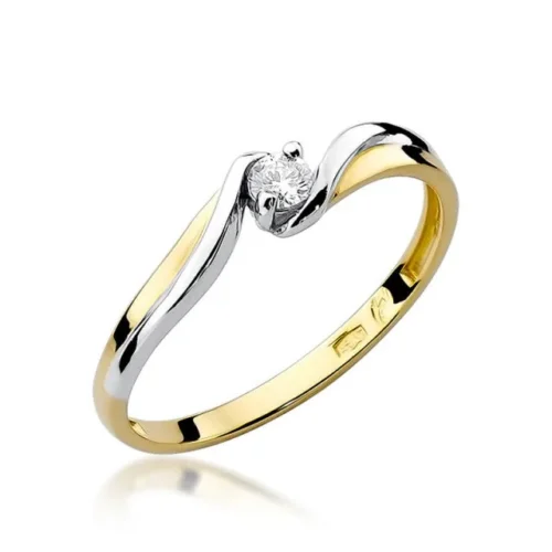 Inel Aur cu Diamant Dominelle, din aur galben cu detalii albe ondulate și diamant rotund montat central