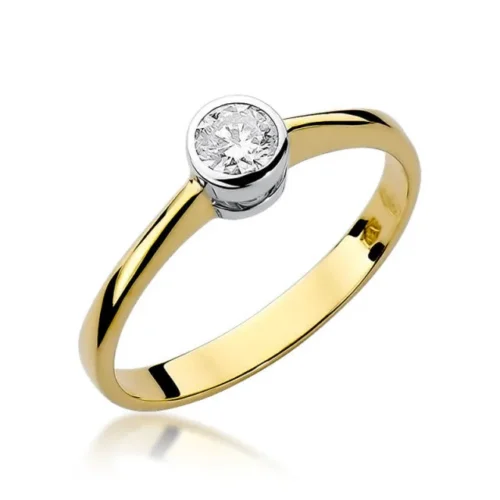 Inel Aur cu Diamant Elizavetta, din aur galben, cu diamant rotund montat în bezel alb, fotografiat din unghi frontal.