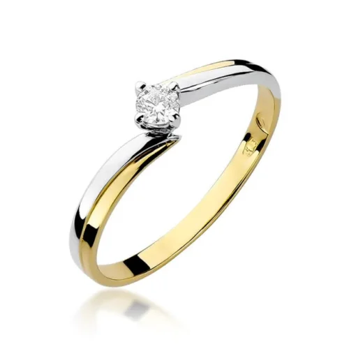 Inel Aur cu Diamant Elvirette, din aur galben cu detalii albe, văzut oblic, cu diamant rotund prins în gheare