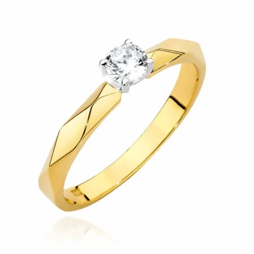 Inel Aur cu Diamant Mauren din aur galben, văzut frontal oblic, cu diamant clar montat în gheare albe.