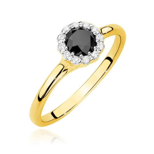 Inel din aur galben Dark Allure, văzut din față, cu diamant negru central și halou de diamante albe.