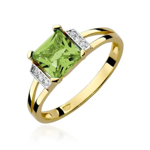 Inel din aur galben cu peridot verde tăiat pătrat și diamante albe laterale, fotografiat din unghi frontal.