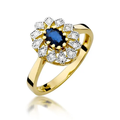 Inel din aur galben Adorielle, cu safir albastru central oval și diamante dispuse floral, văzut frontal oblic