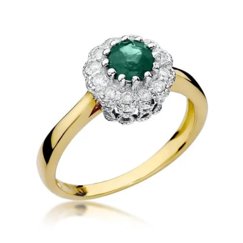 Inel din aur galben Green Infinity, văzut din unghi frontal, cu smarald verde central și halo de diamante.