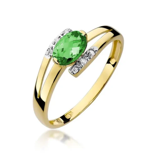 Inel din aur galben Palomira, redat din unghi frontal, cu smarald oval verde și diamante mici pe laterale.