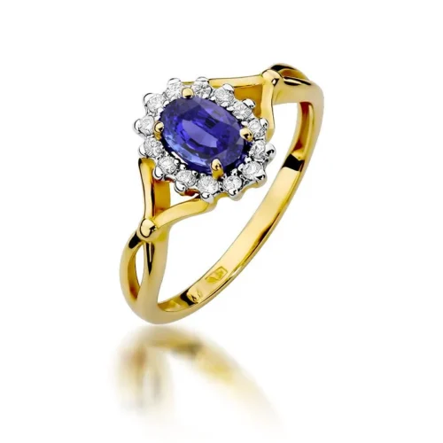 Inel din aur galben, redat frontal oblic, cu tanzanit oval albastru-violet și halou de diamante albe.