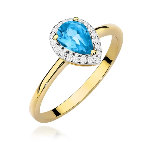 Inel din aur galben Azzurro Sole, cu topaz Swiss albastru în formă de lacrimă și contur de diamante, vedere frontală.