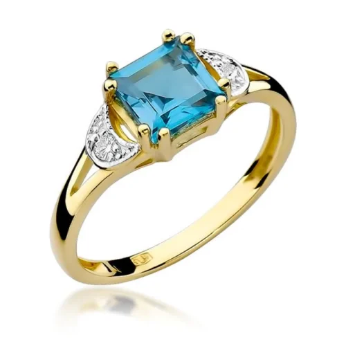 Inel din aur galben cu topaz Swiss albastru, tăietură pătrată, și diamante laterale pe montură albă.