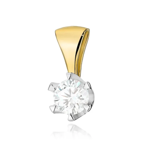 Pandantiv Aur cu Diamant Belvaria, văzut frontal, cu diamant rotund prins în montură albă și agățătoare din aur galben.