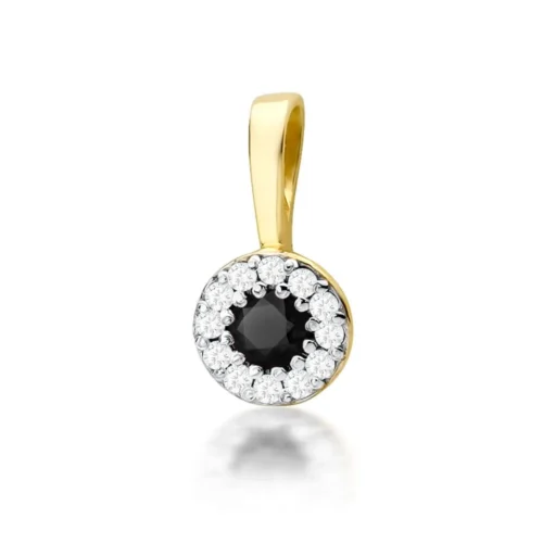 Pandantiv din aur galben Fosca, cu diamant negru central și contur circular de diamante albe, văzut frontal.