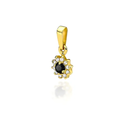 Pandantiv Morgana din aur galben, văzut frontal, cu diamant negru central și diamante albe dispuse în jur.