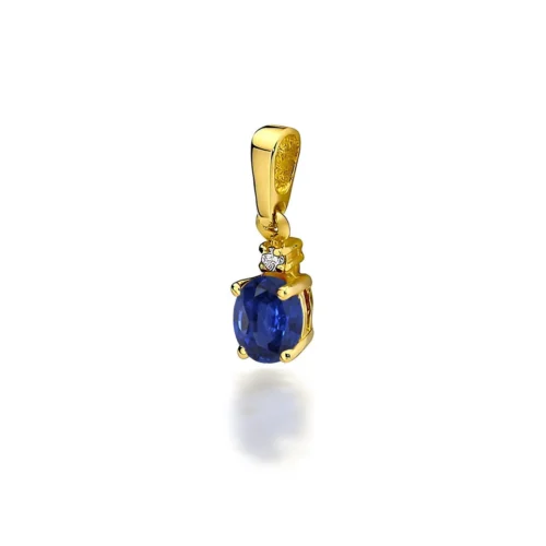 Pandantiv din aur galben Azalene, văzut frontal, cu safir albastru oval și diamant mic montat deasupra.