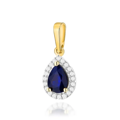 Pandantiv din aur Azura cu safir albastru în formă de pară, înconjurat de diamante, văzut frontal.