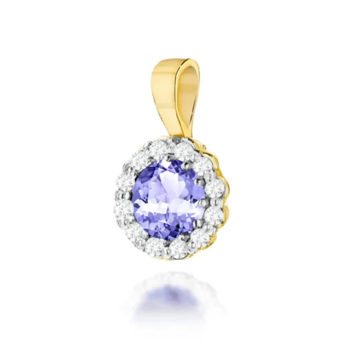 Pandantiv din aur galben, văzut frontal, cu tanzanit oval violet înconjurat de diamante albe.