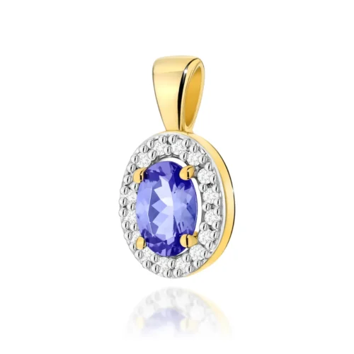 Pandantiv din aur galben Odessa, cu tanzanit oval albastru-violet și halou de diamante, văzut frontal ușor lateral.