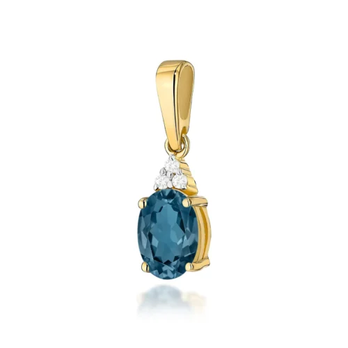 Pandantiv din aur galben cu topaz London Blue oval și diamante mici, fotografiat frontal pe fundal alb